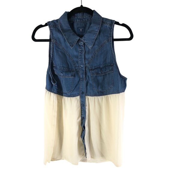 Guess Womens Top Chambray Chiffon Sheer Sleeveless Button Front Blue Ivory L - Picture 1 of 3